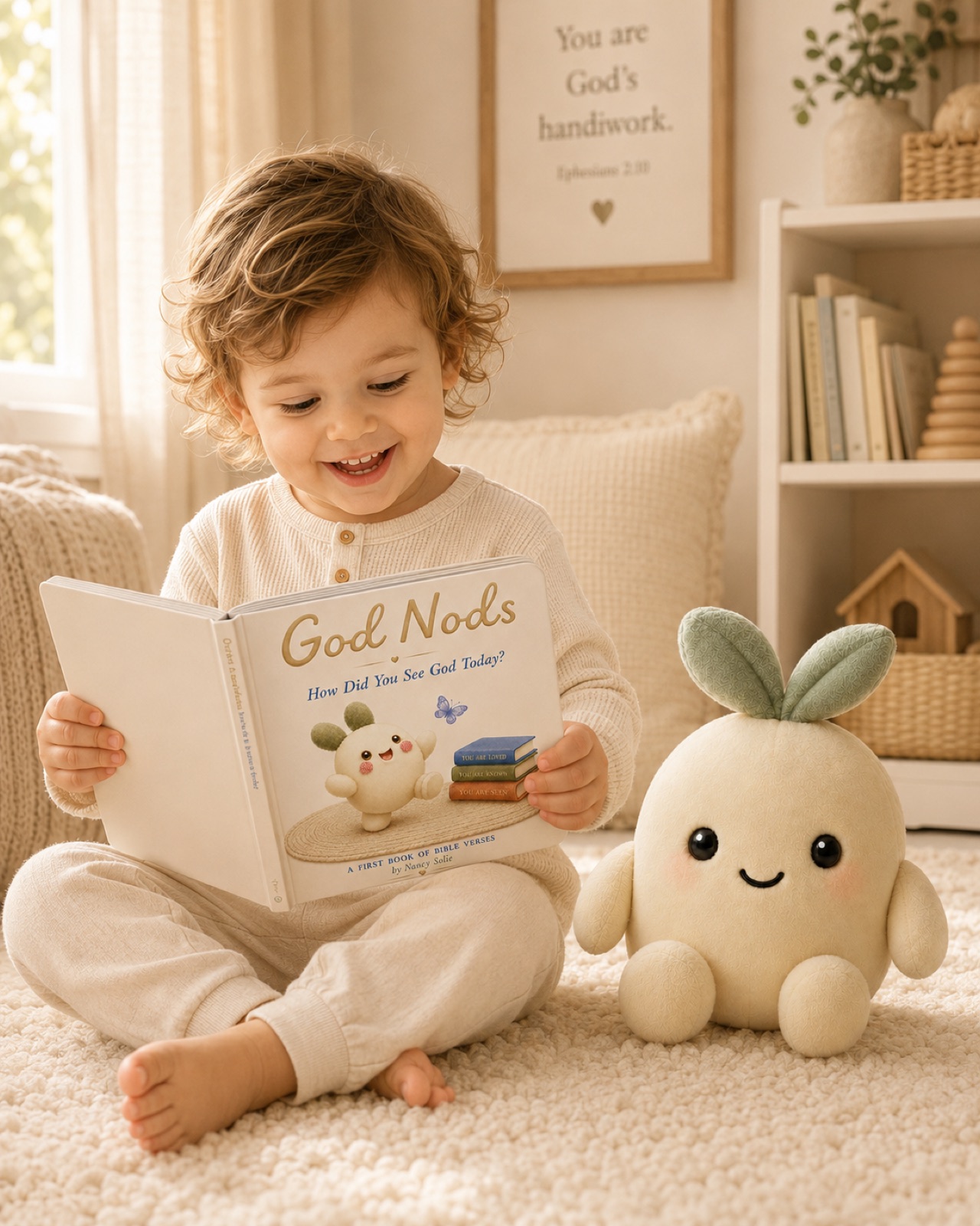 A child reading the God Nods book beside the Pip plush