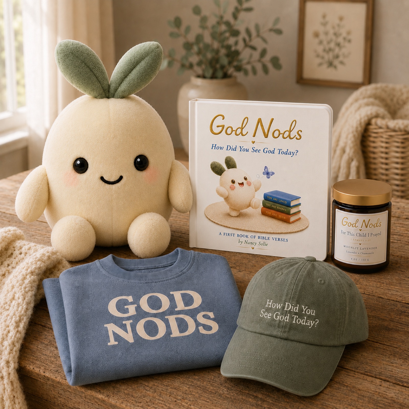 The God Nods collection in soft blue