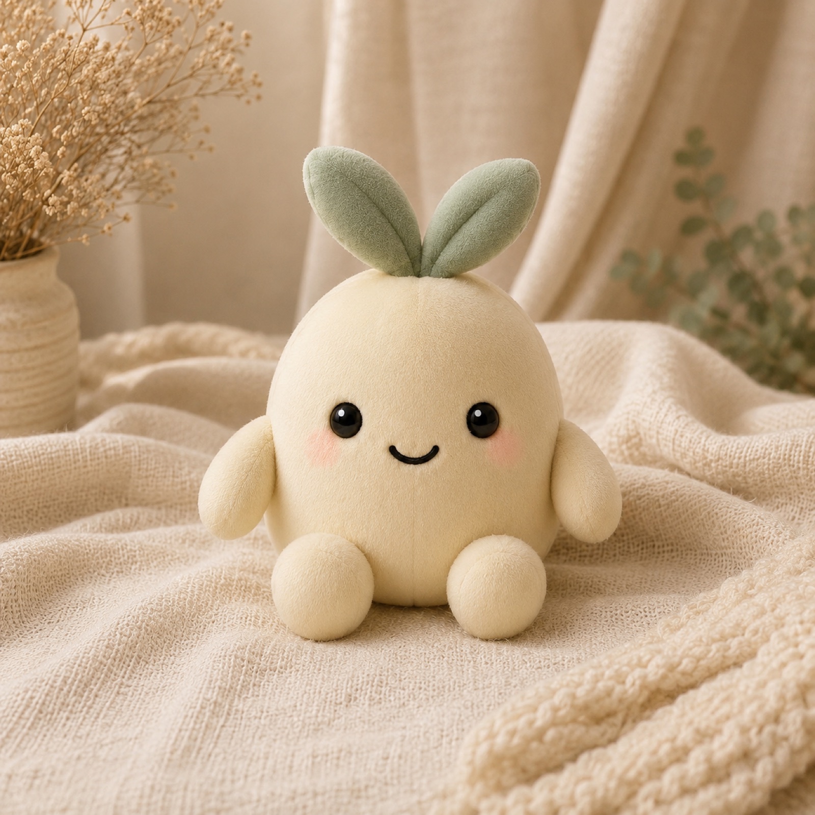Pip the plush seed sitting on a cozy blanket